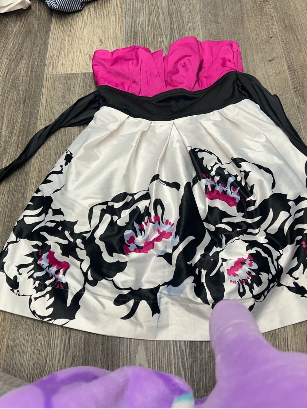 Teeze Me Strapless Floral Party Dress in Hot Pink, Black & White